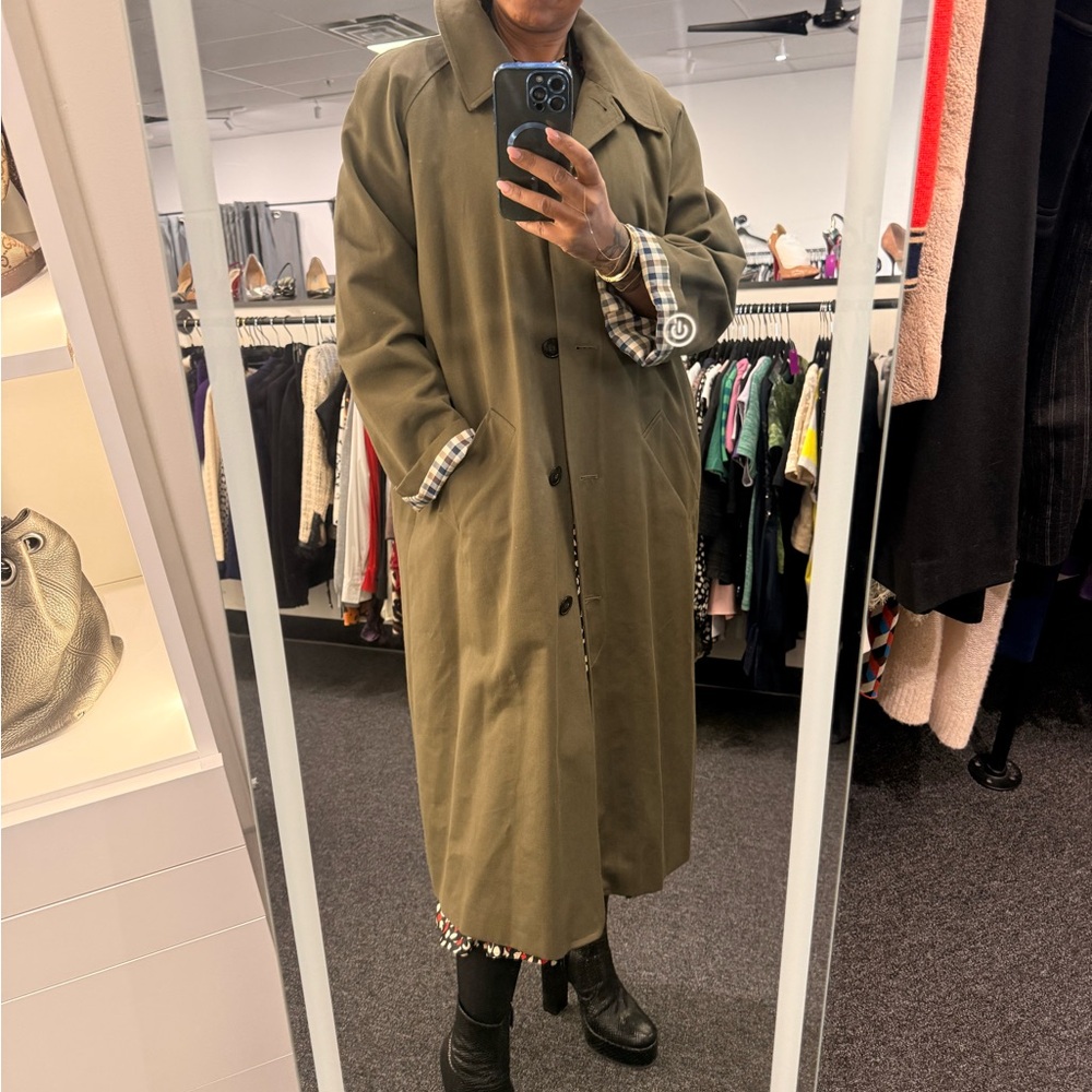 Pre Owned SEZANE Sz 42 Olive Green Trench Jacket Coat w/ Plaid Lining - Picture 5 of 8